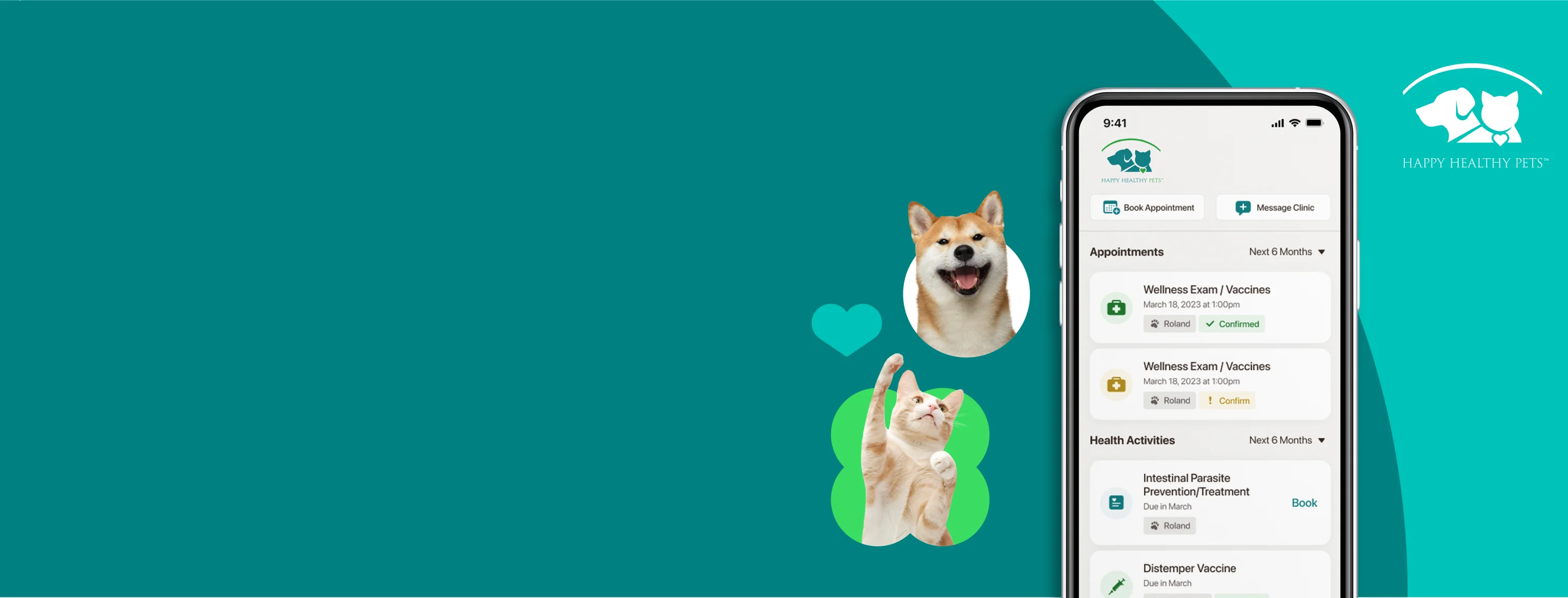Happy dog and cat next to the Happy Healthy Pets app screenshot